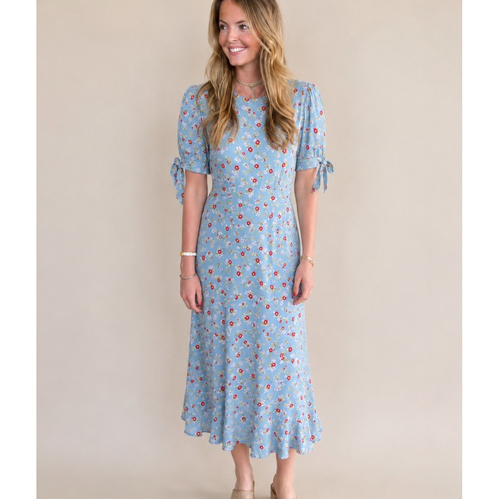 Faithfull the Brand Midi Dress XS Light Blue Floral Cottage Modest Retro Prairie